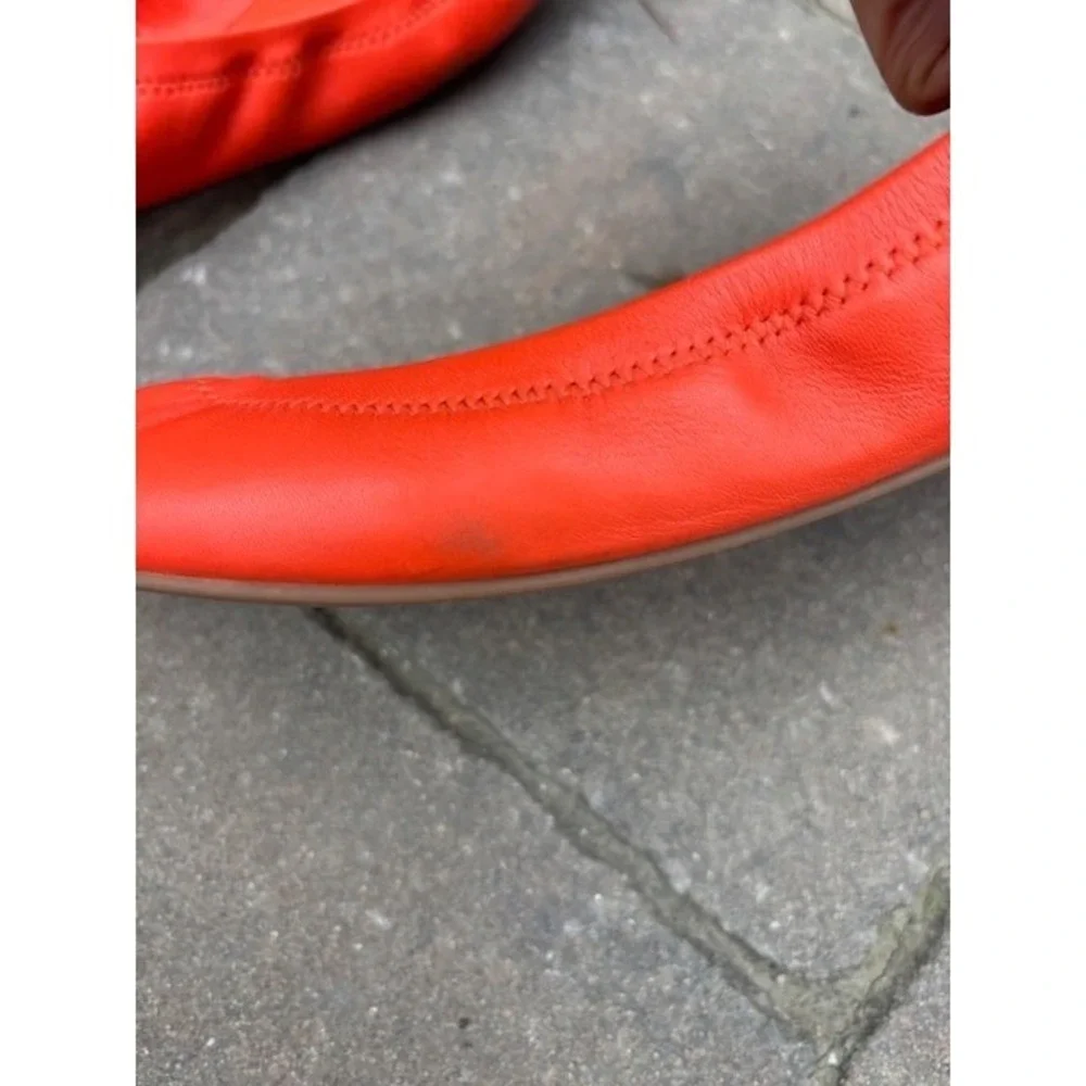 Tory Burch Minnie Travel Ballet Flats Orange‎ Leather Round Toe Shoes Womens 8